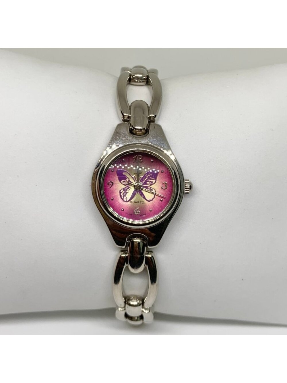 Faded Glory Butterfly pink dial women’s watch silver tone 22mm quartz running